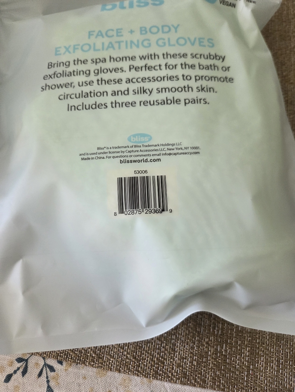 Bliss Face + Body Exfoliating Gloves - Light Blue & Cream (3 Pack) - Picture 3 of 3